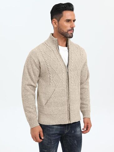 Les umes Mens Knitted Full Zipper Cardigan Fleece Lined Sweater Warm Stand Collar Jumper Coat with Pockets in Kuwait