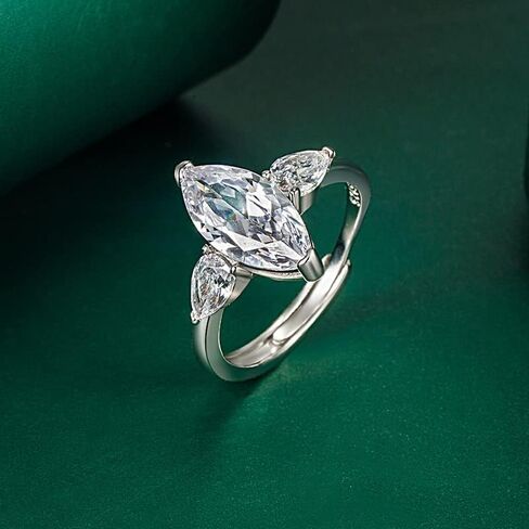 FLYYQMIAO Fashion Marquise Cut مكعب زركونيا مقلد الماس مويسانيتي 3 خواتم خطوبة حجرية للنساء قطع دائري 925 الفضة الاسترليني الذكرى السنوية للزفاف حلقة مفتوحة قابلة للتعديل (أبيض) in Kuwait
