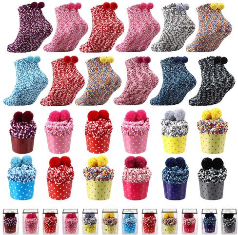 jspupifip 12 زوجًا من جوارب هدايا الكب كيك، جوارب منفوشة ذاتية الصنع للنساء والفتيات، جوارب شبشب شتوية لتخزين الجوارب مع علب هدايا كب كيك لعيد الميلاد وعيد الحب in Kuwait