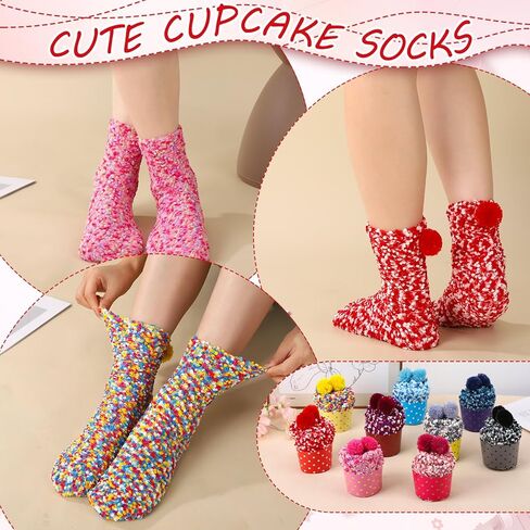 jspupifip 12 زوجًا من جوارب هدايا الكب كيك، جوارب منفوشة ذاتية الصنع للنساء والفتيات، جوارب شبشب شتوية لتخزين الجوارب مع علب هدايا كب كيك لعيد الميلاد وعيد الحب in Kuwait