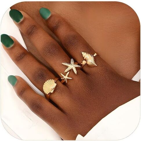3 Pcs Gold Conch Shell Starfish Rings Set for Women Adjustable Chunky Open Stackable Seashell Rings Boho Shell Starfish Rings Summer Beach Jewelry in Kuwait