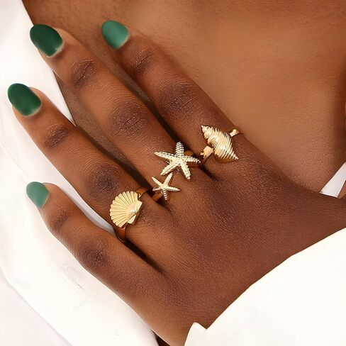 3 Pcs Gold Conch Shell Starfish Rings Set for Women Adjustable Chunky Open Stackable Seashell Rings Boho Shell Starfish Rings Summer Beach Jewelry in Kuwait