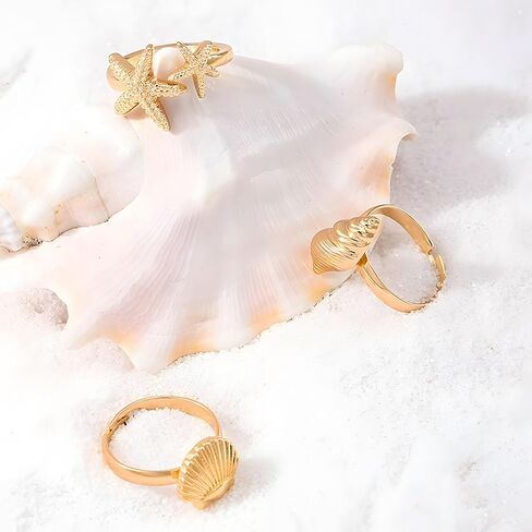 3 Pcs Gold Conch Shell Starfish Rings Set for Women Adjustable Chunky Open Stackable Seashell Rings Boho Shell Starfish Rings Summer Beach Jewelry in Kuwait