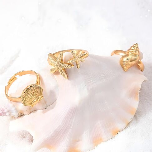 3 Pcs Gold Conch Shell Starfish Rings Set for Women Adjustable Chunky Open Stackable Seashell Rings Boho Shell Starfish Rings Summer Beach Jewelry in Kuwait