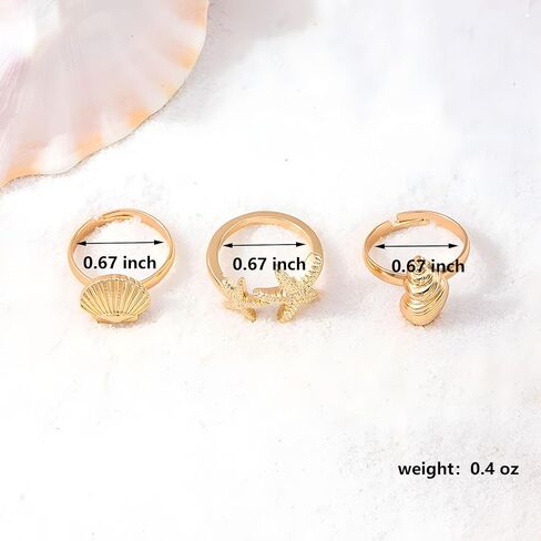 3 Pcs Gold Conch Shell Starfish Rings Set for Women Adjustable Chunky Open Stackable Seashell Rings Boho Shell Starfish Rings Summer Beach Jewelry in Kuwait