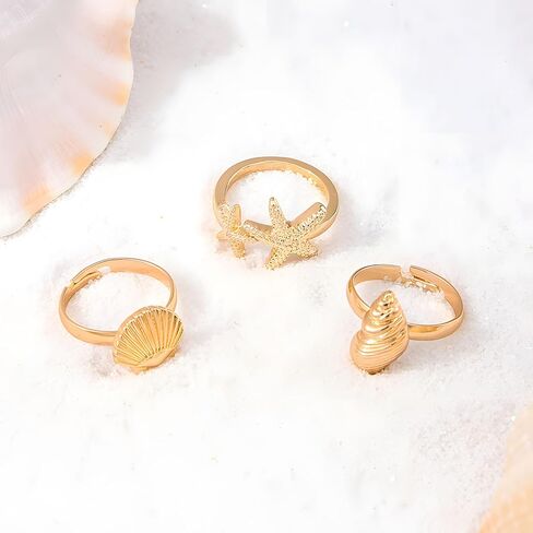 3 Pcs Gold Conch Shell Starfish Rings Set for Women Adjustable Chunky Open Stackable Seashell Rings Boho Shell Starfish Rings Summer Beach Jewelry in Kuwait