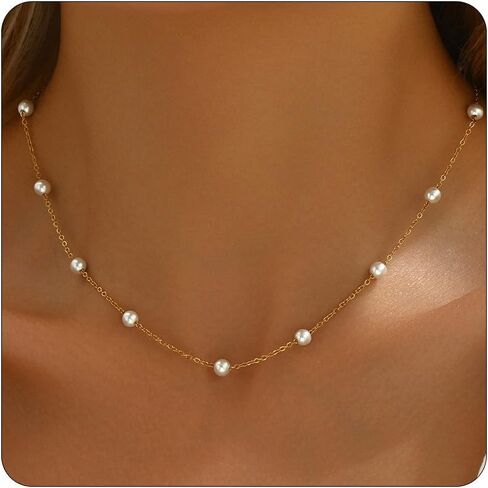 Pearl Necklaces for Women 18K Gold Plated Pearl Choker Necklace Dainty Pearl Pendant Necklace Simple Small Pearl Bridesmaid Wedding Jewelry Gift in Saudi Arabia