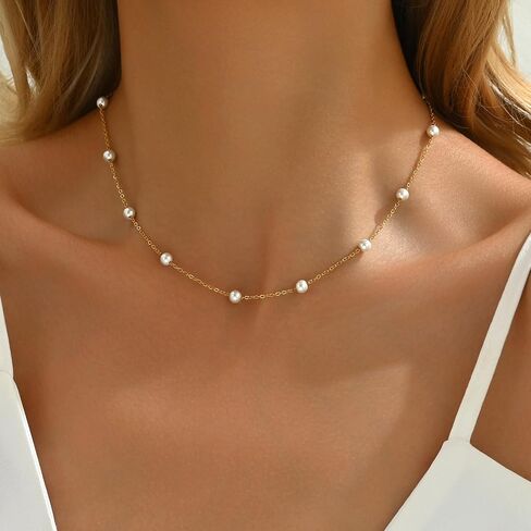Pearl Necklaces for Women 18K Gold Plated Pearl Choker Necklace Dainty Pearl Pendant Necklace Simple Small Pearl Bridesmaid Wedding Jewelry Gift in Saudi Arabia