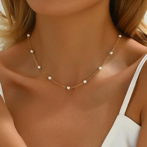 Pearl Necklaces for Women 18K Gold Plated Pearl Choker Necklace Dainty Pearl Pendant Necklace Simple Small Pearl Bridesmaid Wedding Jewelry Gift in Saudi Arabia