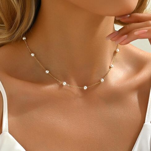 Pearl Necklaces for Women 18K Gold Plated Pearl Choker Necklace Dainty Pearl Pendant Necklace Simple Small Pearl Bridesmaid Wedding Jewelry Gift in Saudi Arabia