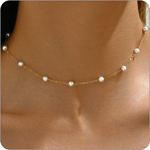 Pearl Necklaces for Women 18K Gold Plated Pearl Choker Necklace Dainty Pearl Pendant Necklace Simple Small Pearl Bridesmaid Wedding Jewelry Gift in Saudi Arabia