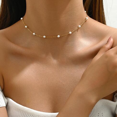 Pearl Necklaces for Women 18K Gold Plated Pearl Choker Necklace Dainty Pearl Pendant Necklace Simple Small Pearl Bridesmaid Wedding Jewelry Gift in Saudi Arabia
