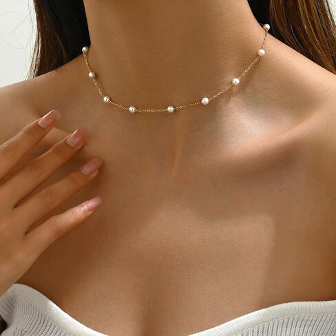 Pearl Necklaces for Women 18K Gold Plated Pearl Choker Necklace Dainty Pearl Pendant Necklace Simple Small Pearl Bridesmaid Wedding Jewelry Gift in Saudi Arabia