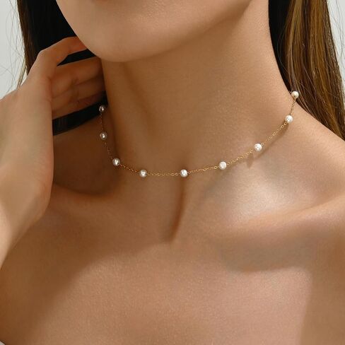 Pearl Necklaces for Women 18K Gold Plated Pearl Choker Necklace Dainty Pearl Pendant Necklace Simple Small Pearl Bridesmaid Wedding Jewelry Gift in Saudi Arabia