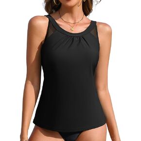 Tankini Tops for Women Tummy Control Bathing Suit Tops Loose Fit Swimsuit Top Only Mesh Swim Tank Top