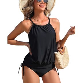 Tankini Swimsuits for Women Blouson Two Piece Bathing Suits Loose Fit High Neck Tankini Top with High-Waisted Bottoms