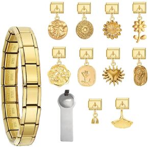Gold Italian Charm Bracelet Set For Women Diy Handmade With Starter Brascelet, Assorted Charms And Opening Tools, 9mm Modular Italian Charm Bracelet Gold Links Jewelry