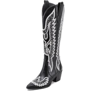 ADAMUMU Womens Wide Calf Cowboy Boots Classic Western-Style Cowboys Boots for Women Pointed Toe Womens Cowgirl Boots with Chunky Heel Non-Slip Sole for Adding Timeless Elegance to Your Wardrobe