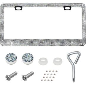 Bling License Plate Frame, Sparkly Rhinestone Diamond License Plate Cover with Crystal Screws Caps, Glitter Crystal Stainless Steel License Plate Holder for Women, Car Accessories (Purple)