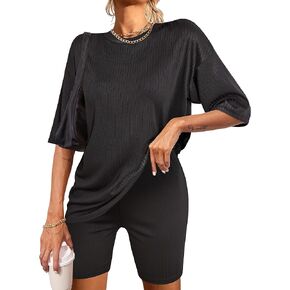 Ekouaer Pajamas 2 Piece Lounge Sets Ribbed Knit Matching Outfits T-shirt Biker Shorts Sleepwear Loungewear Sweatsuits