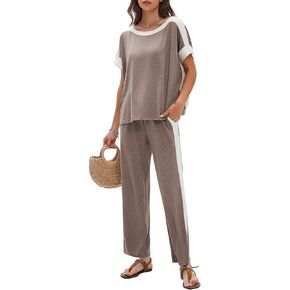 EXLURA Womens Summer 2 Piece Outfits Color Block Short Sleeve Tops Wide Leg Pants Tracksuit Homewear Lounge Sets 2025