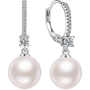 18K White Gold Plated Pearl Dangle Drop Earrings, 925 Sterling Silver Cubic Zirconia Diamond Pearl Leverback Earrings for Women 8MM-10MM, Fine Pearl Jewelry Gift for Women