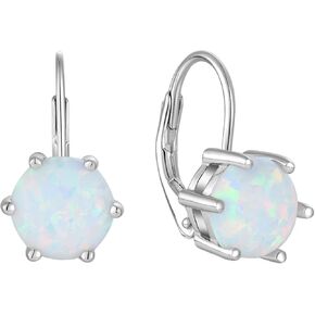 8mm Created White Fire Opal Earrings 925 Sterling Silver Leverback Drop Dangle Earrings with 5A Cubic Zirconia Jewelry Gift for Women