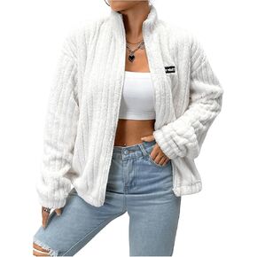 SOLY HUX Women's Zip Up Fleece Jacket Letter Patched Mock Neck Long Sleeve Fuzzy Outerwear Coat