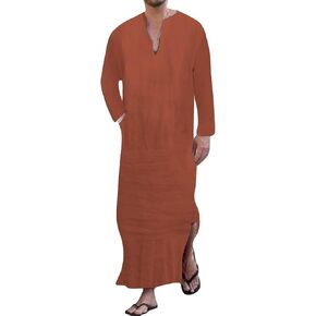 YAOHUOLE Men's Kaftan Thobe Long Sleeve Men Thobe Robe Side Split Men Thobe with Pockets Casual Thobe