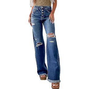 Flamingals Stright Leg for Women High Rise Casual Wash Cut Out Raw Hem Button Fly Denim Jeans