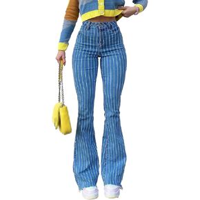 High Waisted Striped Bell Bottom Jeans for Women Stretchy Hem Raw Vintage Wide Leg Flared Denim Pants