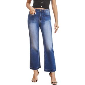 Women’s Wide Leg Jeans High Waisted Stretchy Cropped Flare Jeans with Patch Pockets