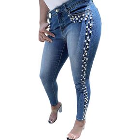 LifeShe Women's Pearls Jeans Mid Waisted Skinny Denim Pants Stretch Slimming Jeggings Plus Size in Kuwait