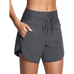 Womens 5.5" Swim Shorts High Waisted Board Shorts with Pockets Quick Dry UPF 50+ Beach Shorts with Liner