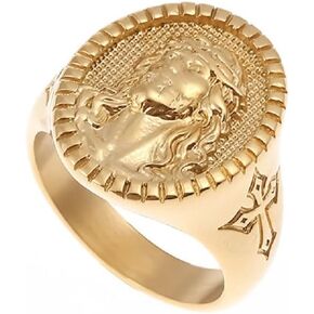 Jesus Head Ring for Men Gold Jesus Head Cross Ring, Classic Jesus Head Signet Ring Vintage Christ Jesus Cross Ring Men’s Fashion Christian Jesus Head Jewelry Rock Jesus Head Ring