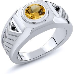 Gem Stone King Men's 925 Sterling Silver Yellow Citrine and Black Diamond Ring (1.53 Cttw, Gemstone Birthstone, Available 7,8,9,10,11,12,13)