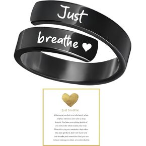 LIU JUN Just Breathe Ring, Adjustable Heart Stainless Steel Spiral Wrap Healing Rings, Engraved 'Just breathe' Heart Ring Inspirational Jewelry
