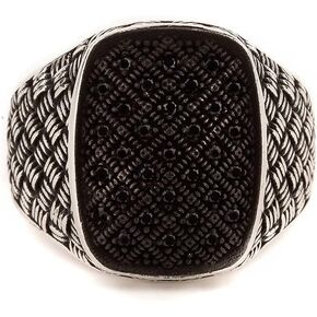 Men's Meshed Design Handmade Sterling Silver Ring with Diagonally Placed Small Marcasite Stones on the top