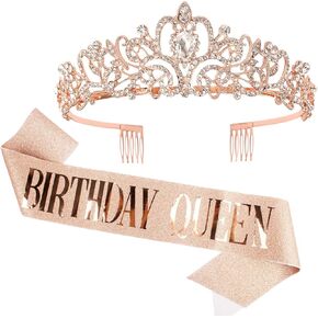AOPRIE Birthday Crown for Women Birthday Queen Sash Rose Gold Birthday Tiara for Women Princess Crown Rhinestone Happy Birthday Accessories Party Favor