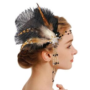 1920s Hair Accessories for Women - Roaring 20s Flapper Headpiece with Feathers, Great Gatsby Style in Black and Rhinestones