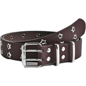 COTIM COYIN Women's Punk Studded Leather Belt with Detachable Chain Punk Belt, Double Grommet Stars Adjustable Waist Belt