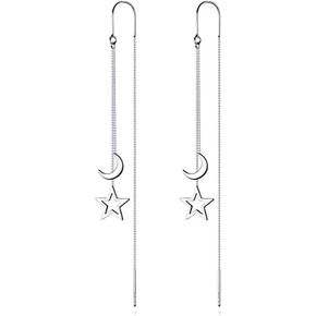 Reffeer Solid 925 Sterling Silver Moon Star Threader Dangle Earrings Chain for Women Teens Long Dangle Earrings Tassel Chain