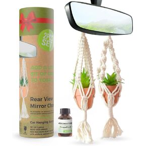 2 Pcs Set Hanging Succulent Pots with Essential Oil And Artificial Succulents - Perfect for Home, Office, or Auto Rear View Mirror Acessories For Men Women. Boho Hanging Decor Decoration, Oil Diffuser