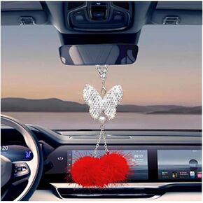 Bling Butterfly Car Hanging Accessories, Crystal Rhinestone Vehicle Rear View Mirror Ornament Charms, Lucky Diamond Auto Interior Pendant Decoration for Women Girls, Universal Fit（Pink）