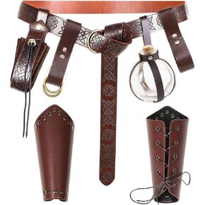 Renaissance Cosplay Accessories Medieval Costume Viking Pirate Belt with Cork Potion Bottles, Leather Belt Pouch, Skirt Hikes and Mug Holder for Party, Drama