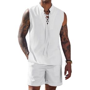 COOFANDY Men's Linen Sets 2 Piece Beach Outfits Lace Up Hippie Tank Tops Summer Casual Sleeveless Shirts Matching Shorts Set