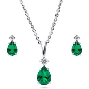 BERRICLE Sterling Silver Solitaire Pear Cut Fashion Necklace and Earrings Set for Women, Rhodium Plated, Color (Tanzanite, Garnet, Green, Purple)