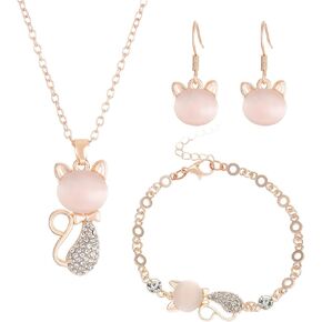 3 Pieces Cat Set for Women Exquisite Cat Bracelet Earring Charm Opal Animal Cat Pendant Necklaces Jewelry Set Gift for Cat Lovers