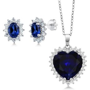 Gem Stone King Blue Created Sapphire Heart Halo Pendant Necklace and Royal Halo Style Stud Earrings Set in 925 Sterling SIlver | with Complimentary 18 Inch Silver Chain | Jewelry Set for Women