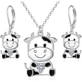 Cow Pendant Necklace and Dangle Earrings 925 Sterling Silver Earring Hypoallergenic Cow Jewelry for Women